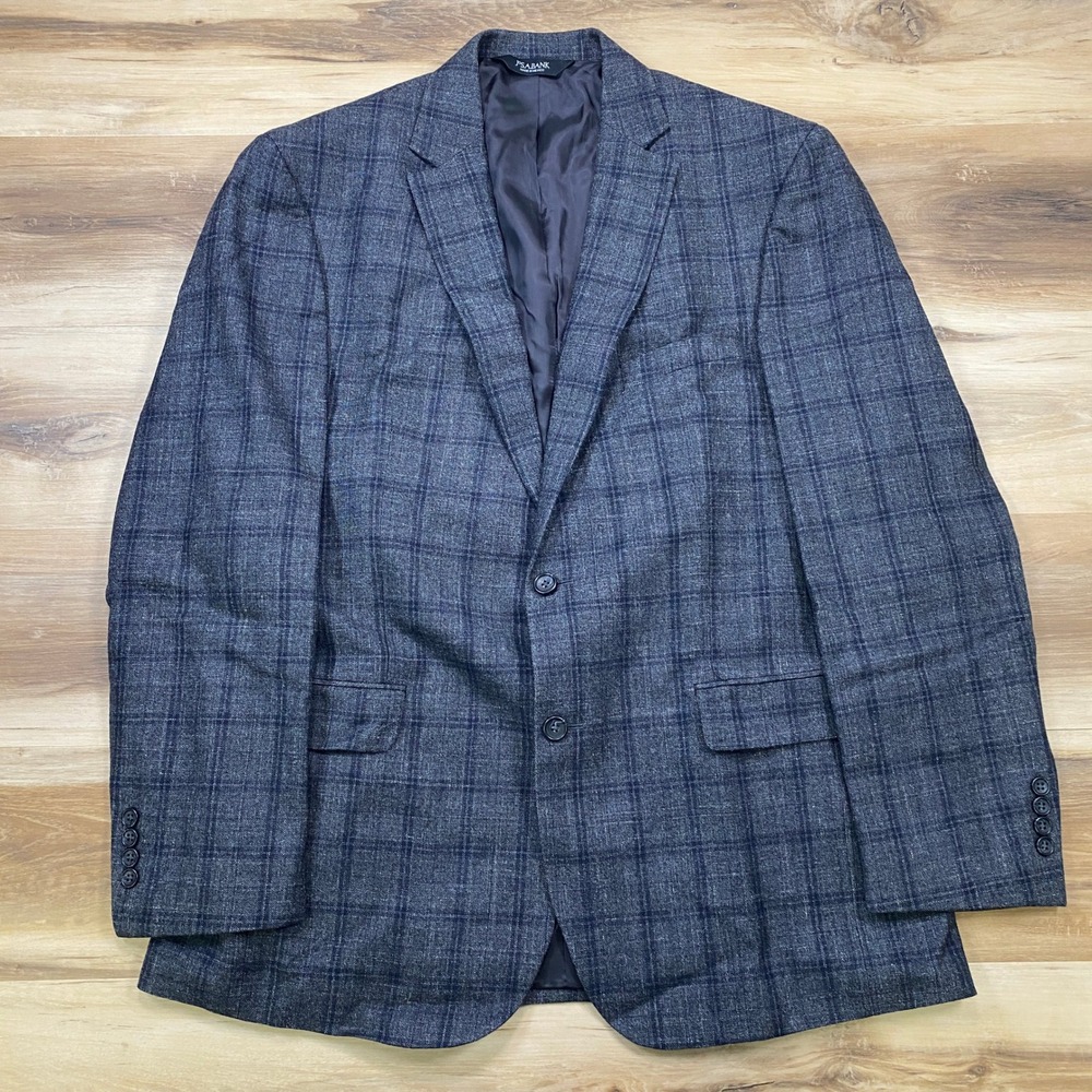 Jos. A. Bank Sport Coat 44 Long Plaid Wool Silk Linen Tailored Fit Blue Blazer